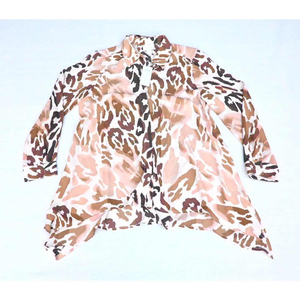 Chicos Womens 1 M Animal Print Crepe Tunic Blouse Ivory Brown Multi Pink Hem NWT